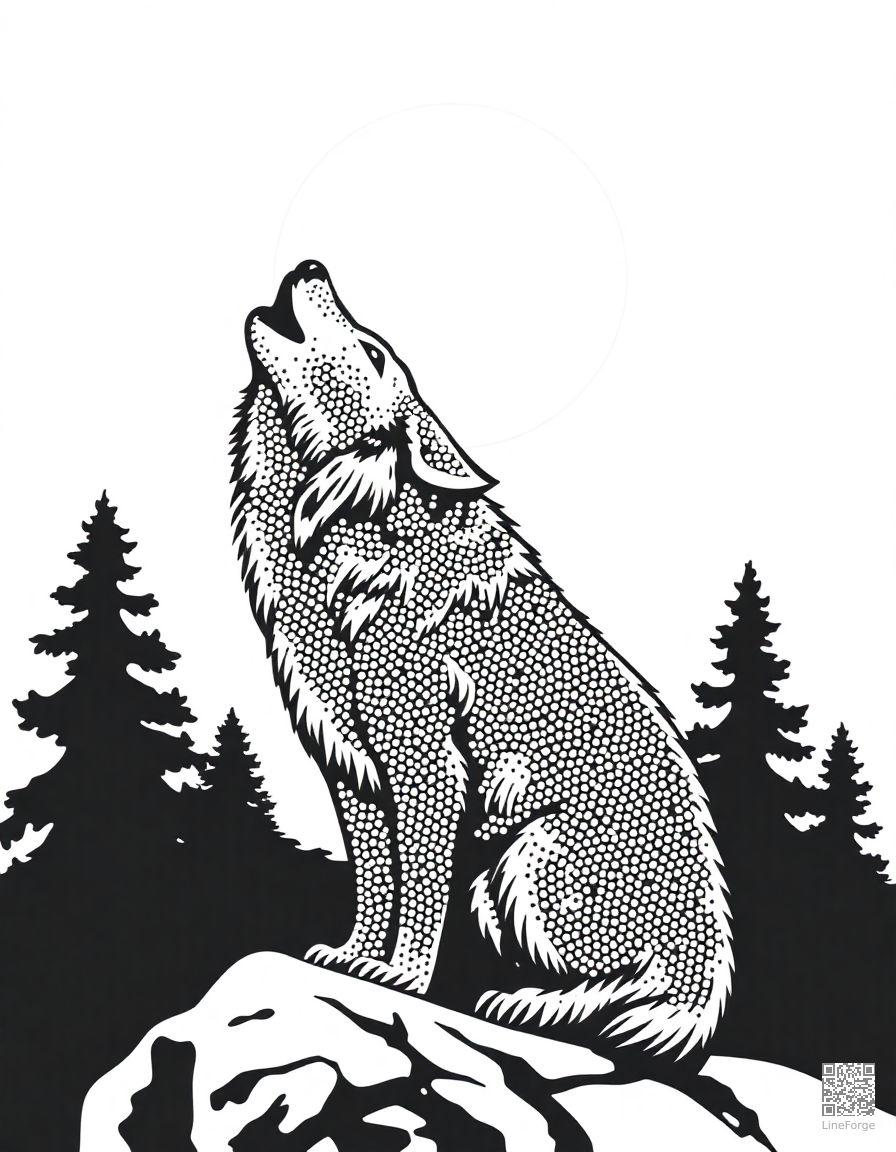 arctic wolf howling at the moon coloring page Stipple style - free printable