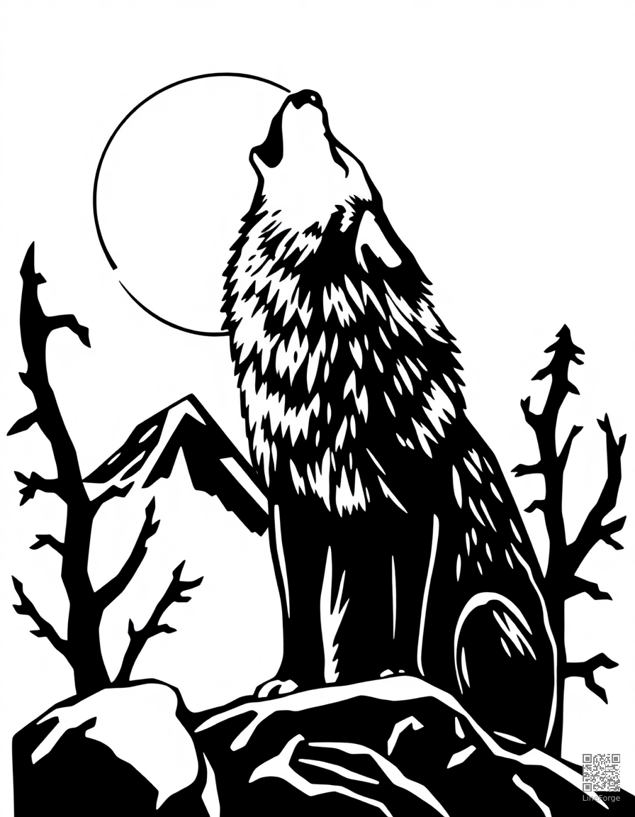 arctic wolf howling at the moon coloring page Woodcut style - free printable