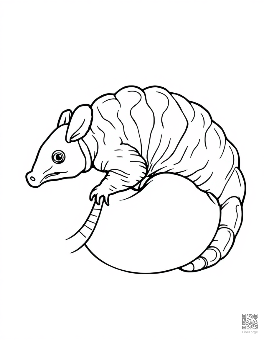 Free armadillo rolling into a ball coloring page in contour style — printable line art