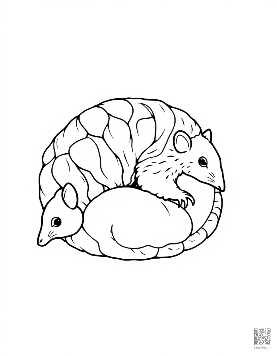 Free armadillo rolling into a ball coloring page in minimal style — printable line art