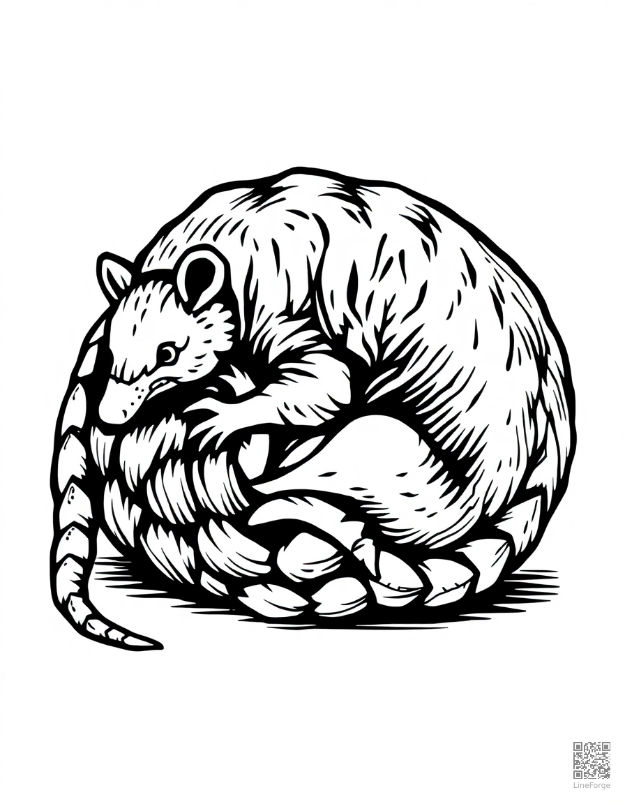 armadillo rolling into a ball coloring page Woodcut style free printable