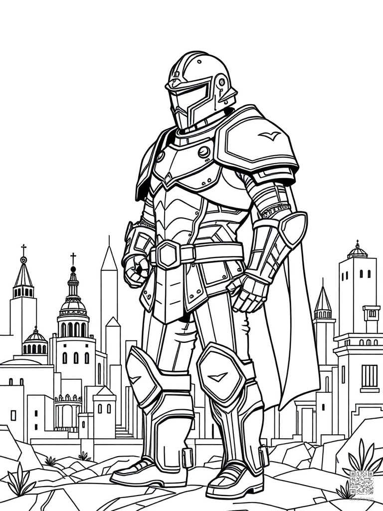 Armored hero standing guard in front of a city coloring page Contour style free printable
