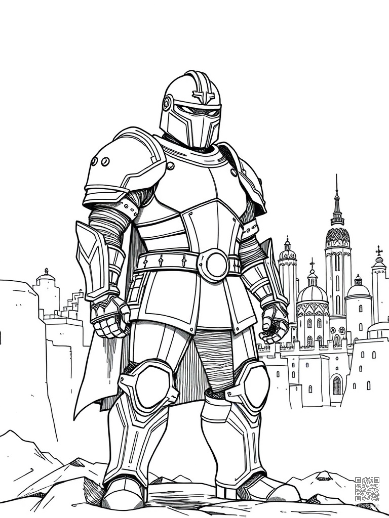 Armored hero standing guard in front of a city coloring page Crosshatch style free printable