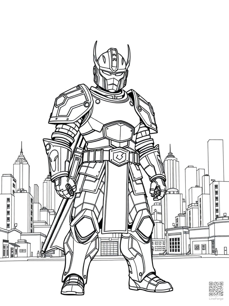Armored hero standing guard in front of a city coloring page Manga style free printable