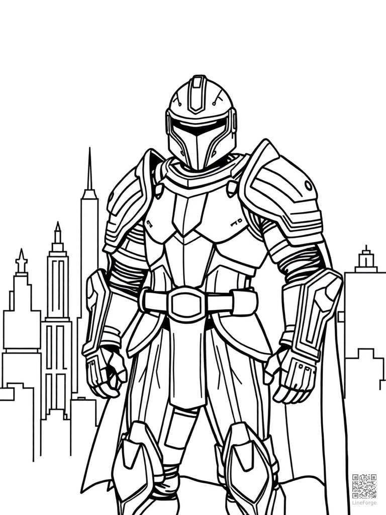 Armored hero standing guard in front of a city coloring page Minimal style free printable