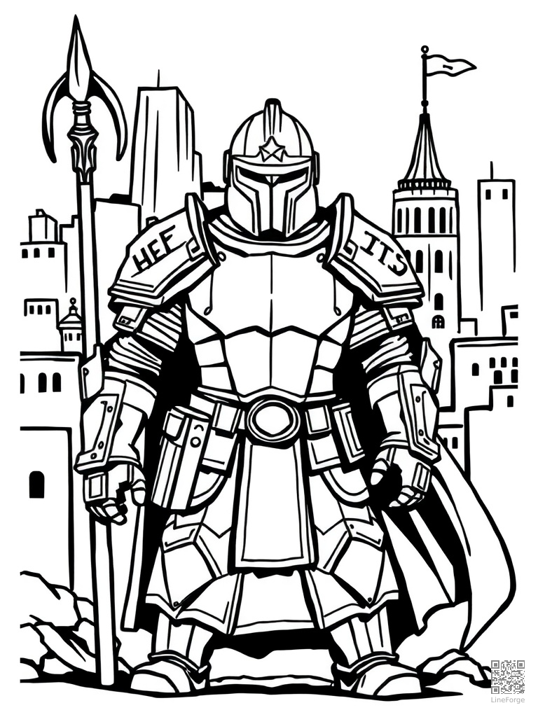 Armored hero standing guard in front of a city coloring page Woodcut style free printable