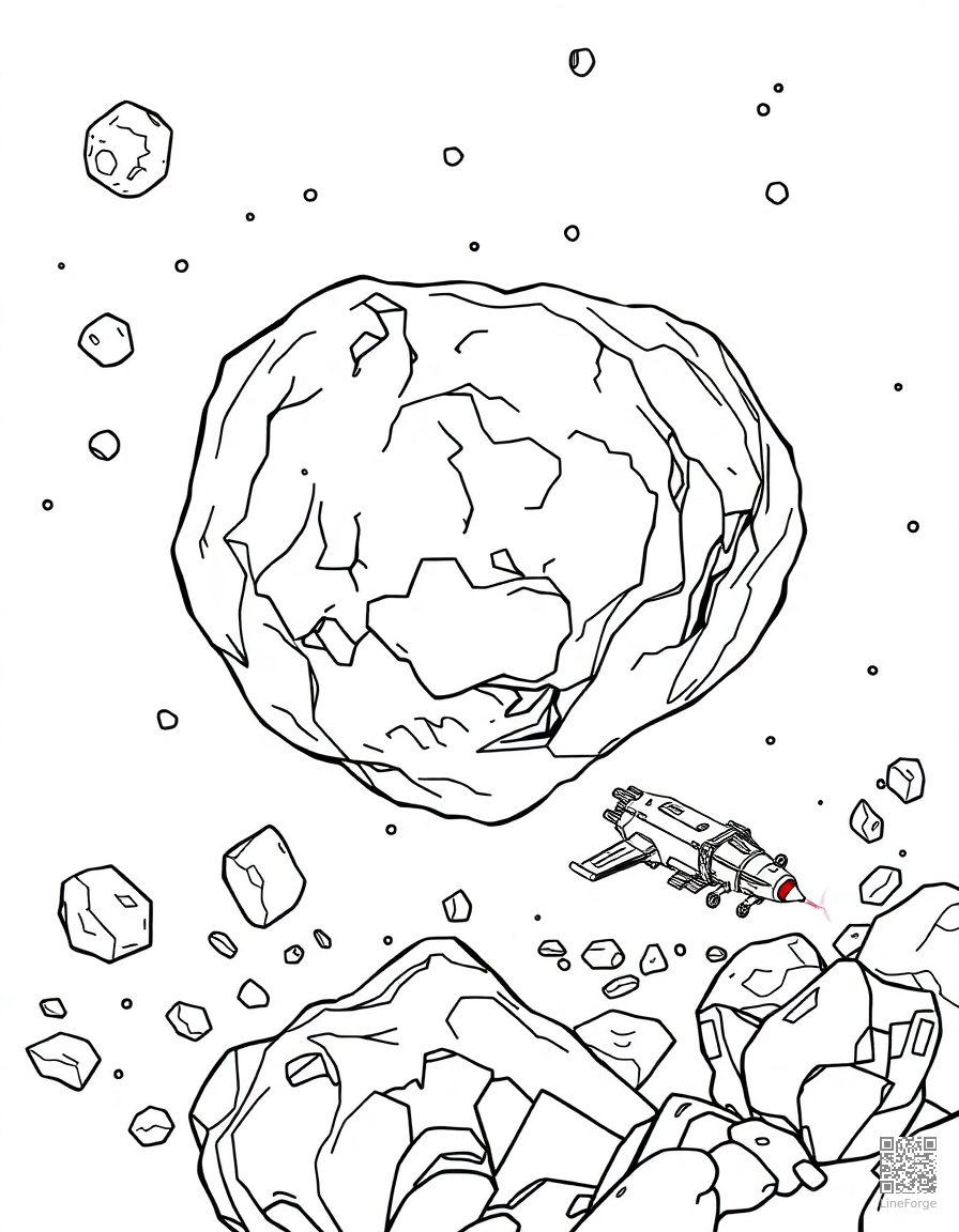 asteroid belt with mining spacecraft coloring page Contour style - free printable