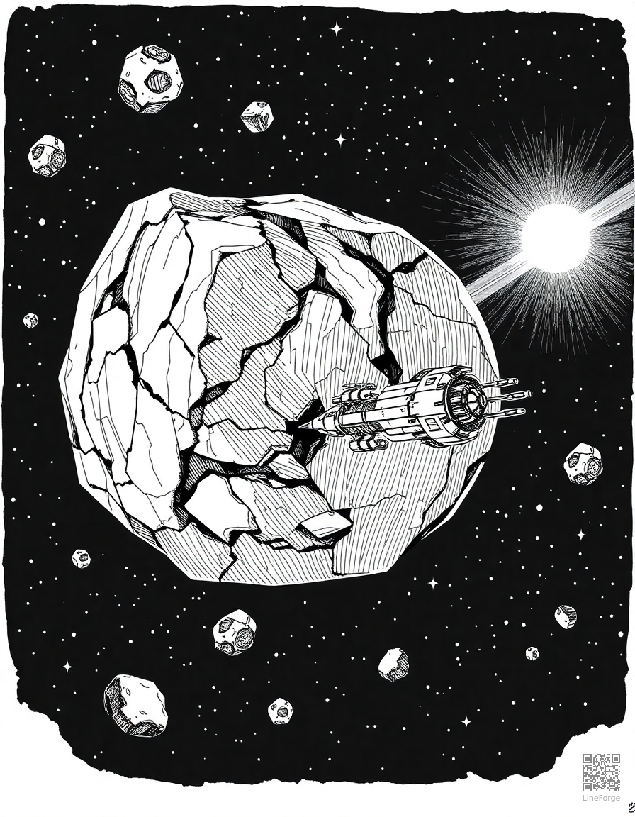 asteroid belt with mining spacecraft coloring page Crosshatch style - free printable