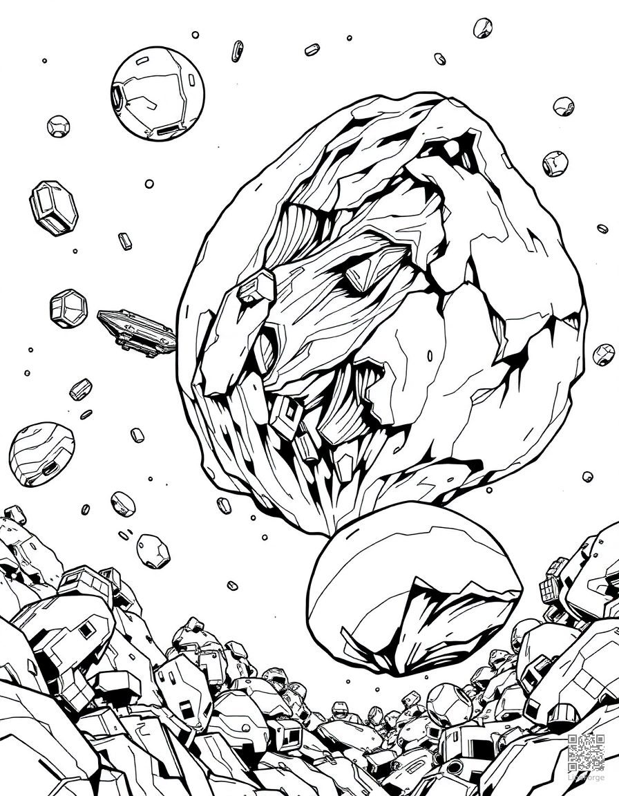 asteroid belt with mining spacecraft coloring page Manga style - free printable