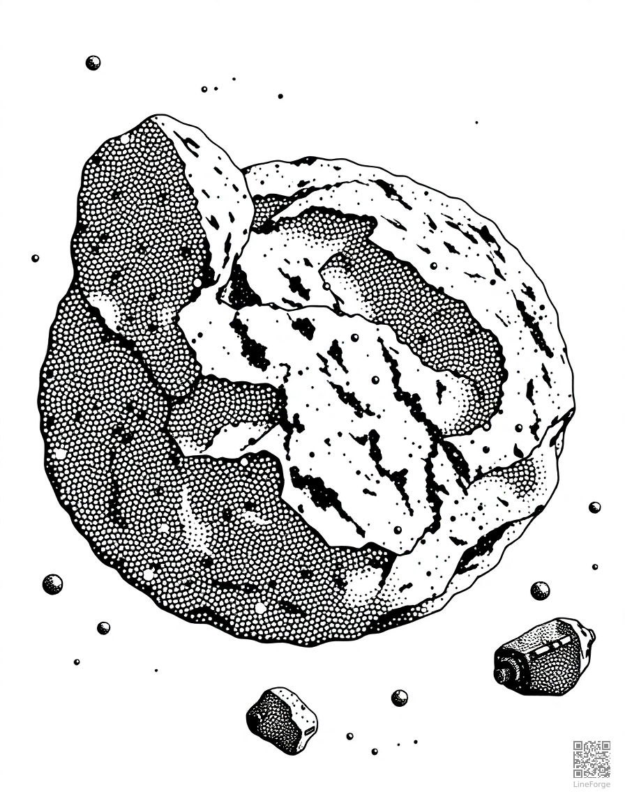 asteroid belt with mining spacecraft coloring page Stipple style - free printable