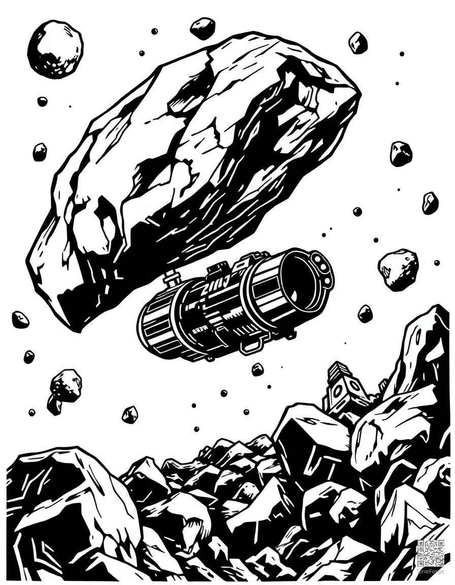 asteroid belt with mining spacecraft coloring page Woodcut style - free printable