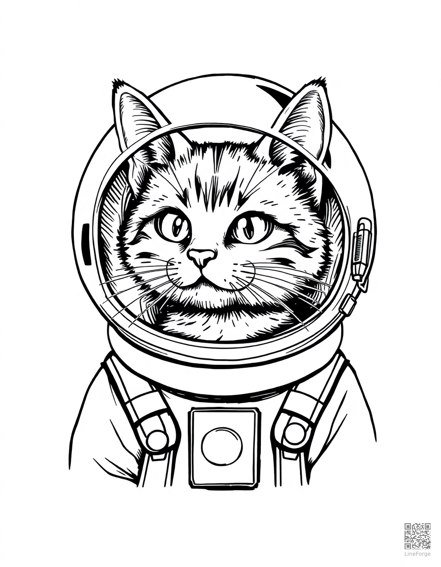 astronaut cat in a space helmet coloring page Crosshatch style - free printable