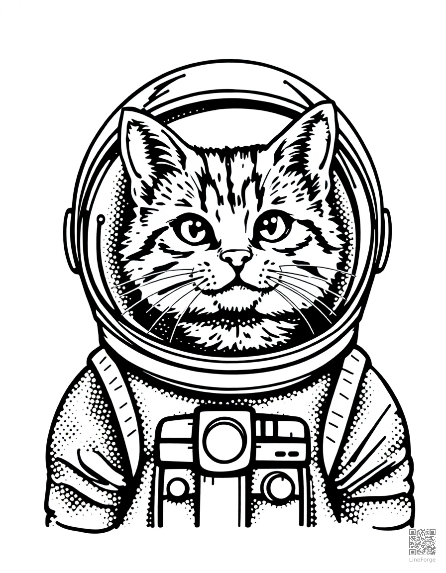 astronaut cat in a space helmet coloring page Stipple style - free printable