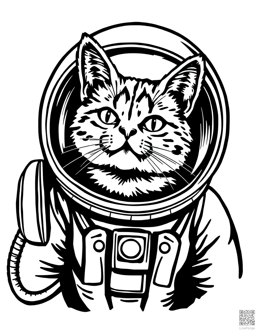 astronaut cat in a space helmet coloring page Woodcut style - free printable