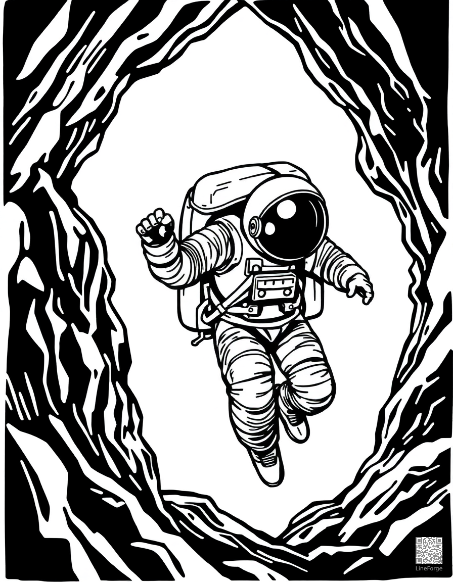 astronaut doing a spacewalk coloring page Woodcut style - free printable