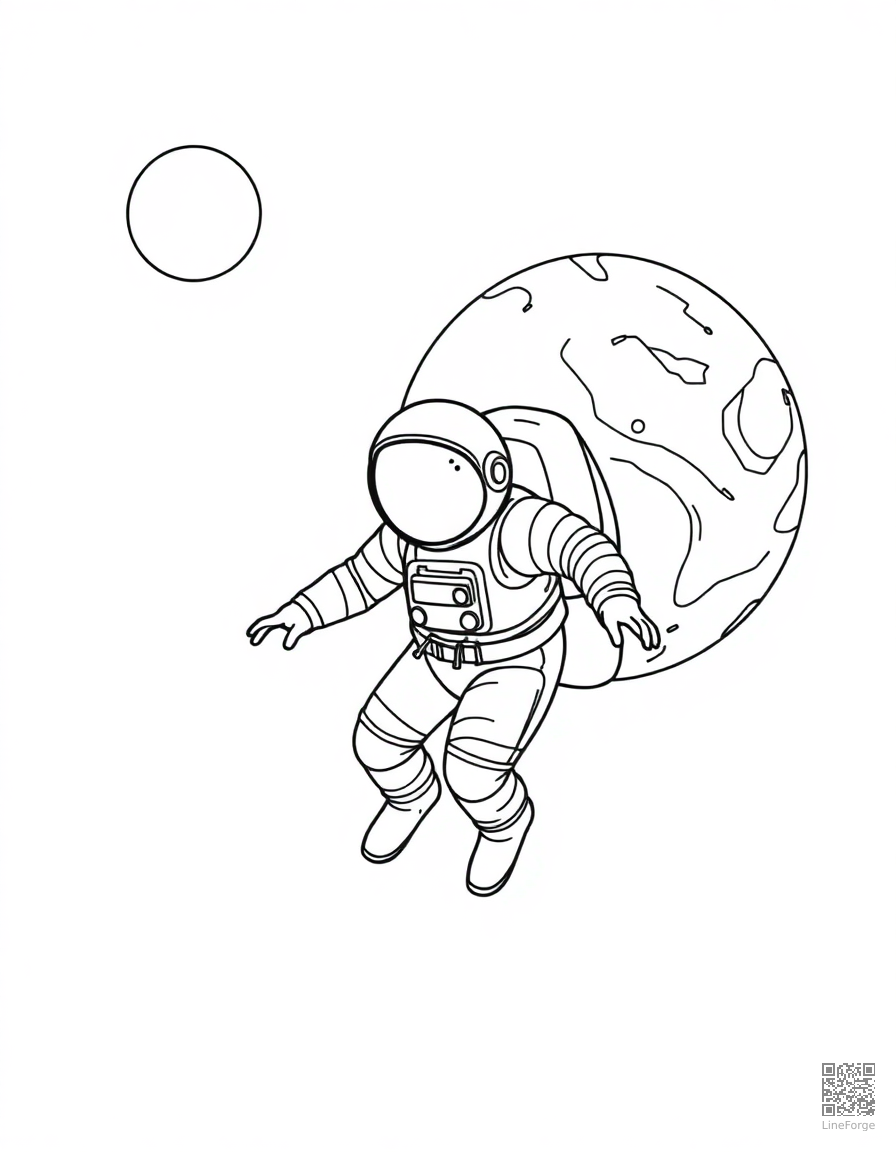 Astronaut floating in space near a planet coloring page Contour style - free printable