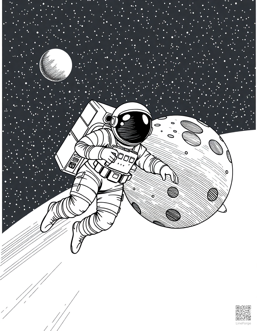 Astronaut floating in space near a planet coloring page Crosshatch style - free printable