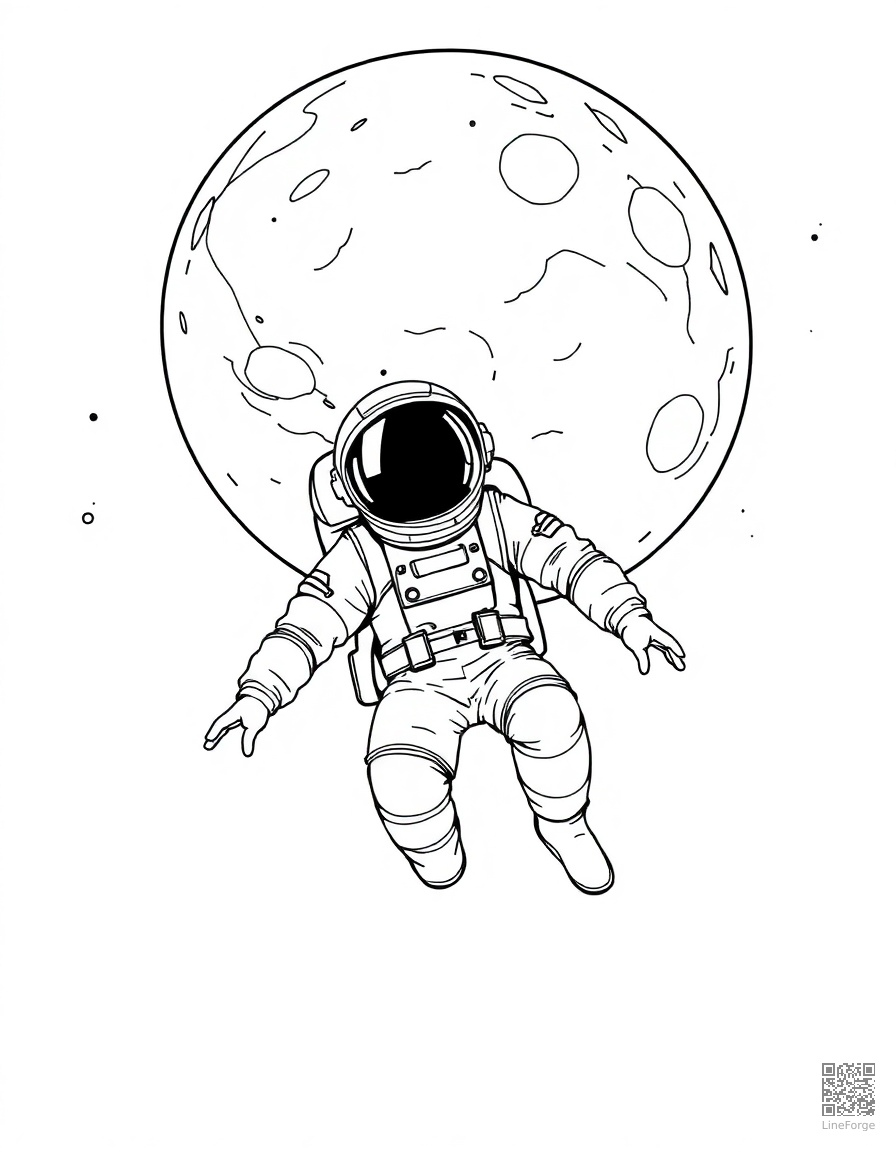Astronaut floating in space near a planet coloring page Manga style - free printable