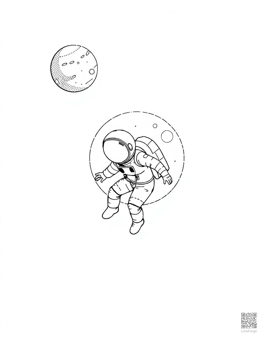 Astronaut floating in space near a planet coloring page Stipple style - free printable