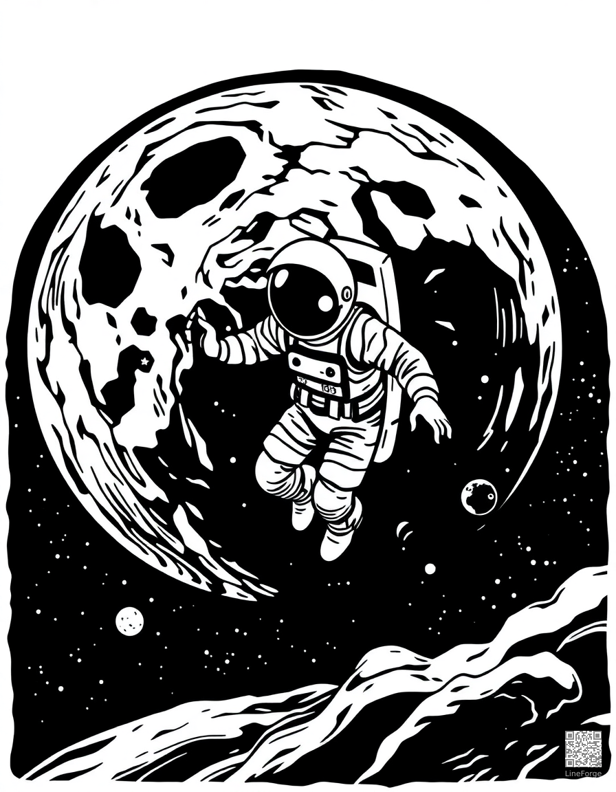 Astronaut floating in space near a planet coloring page Woodcut style - free printable
