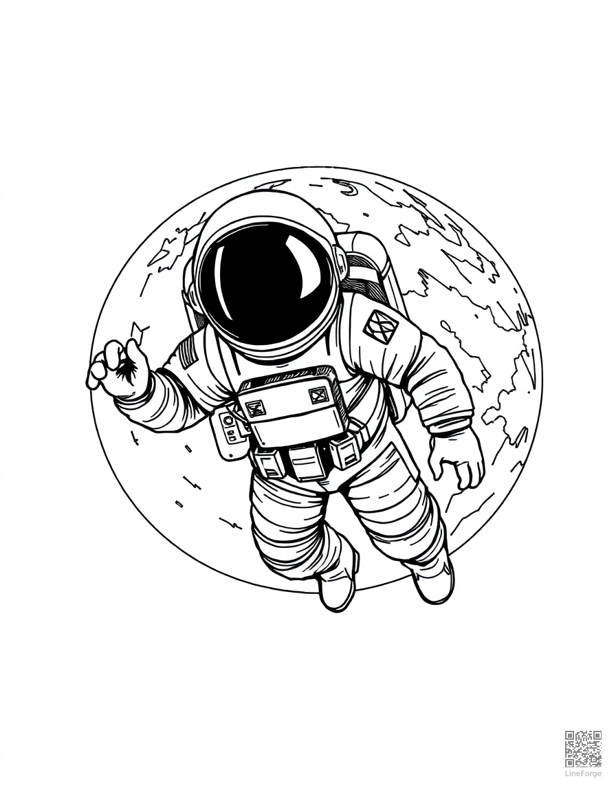astronaut floating in space with earth behind coloring page Crosshatch style - free printable