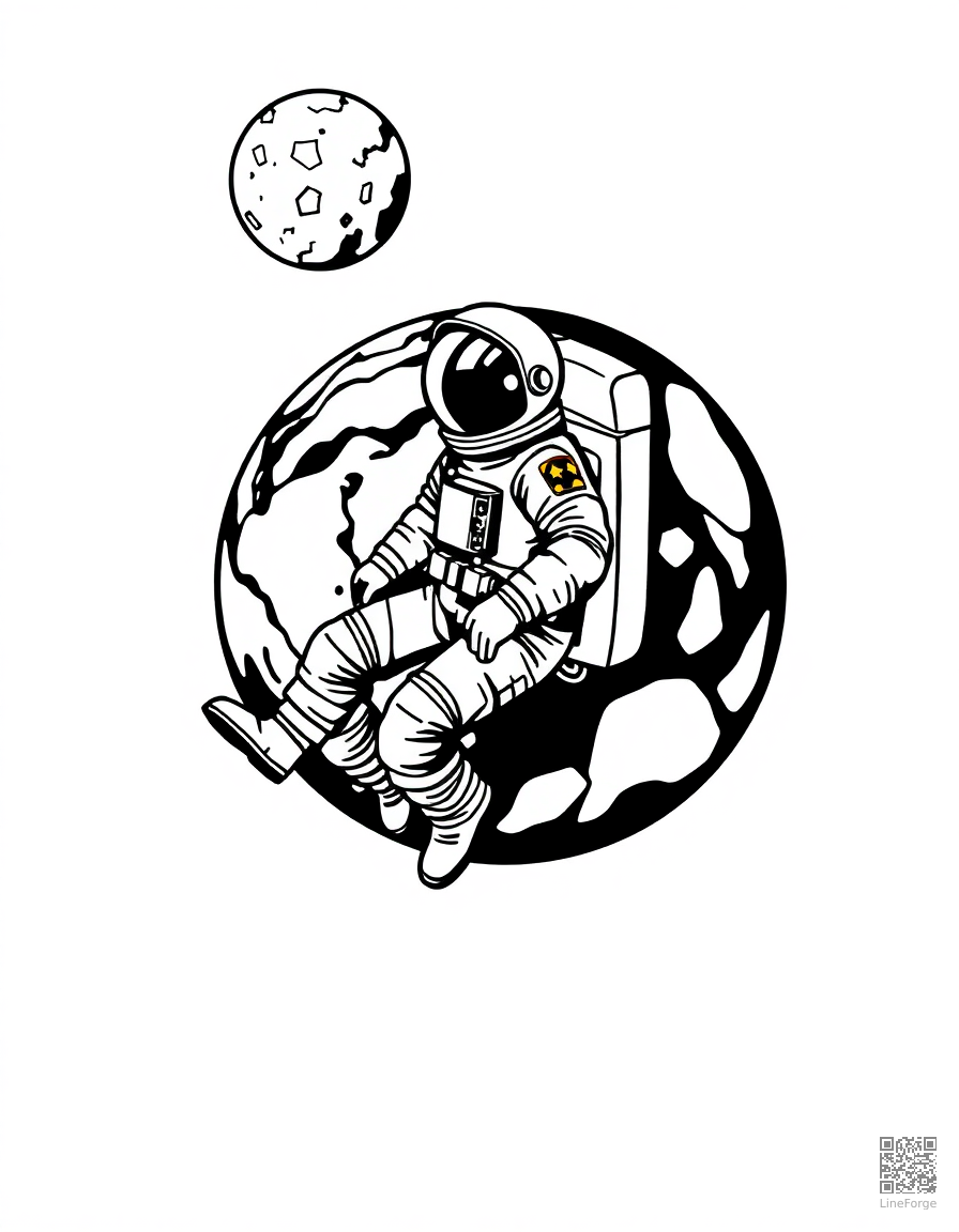 astronaut floating in space with earth behind coloring page Woodcut style - free printable