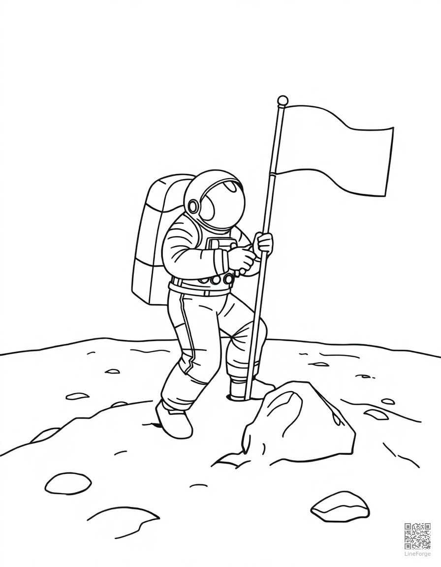 Astronaut planting a flag on the moon coloring page Contour style - free printable