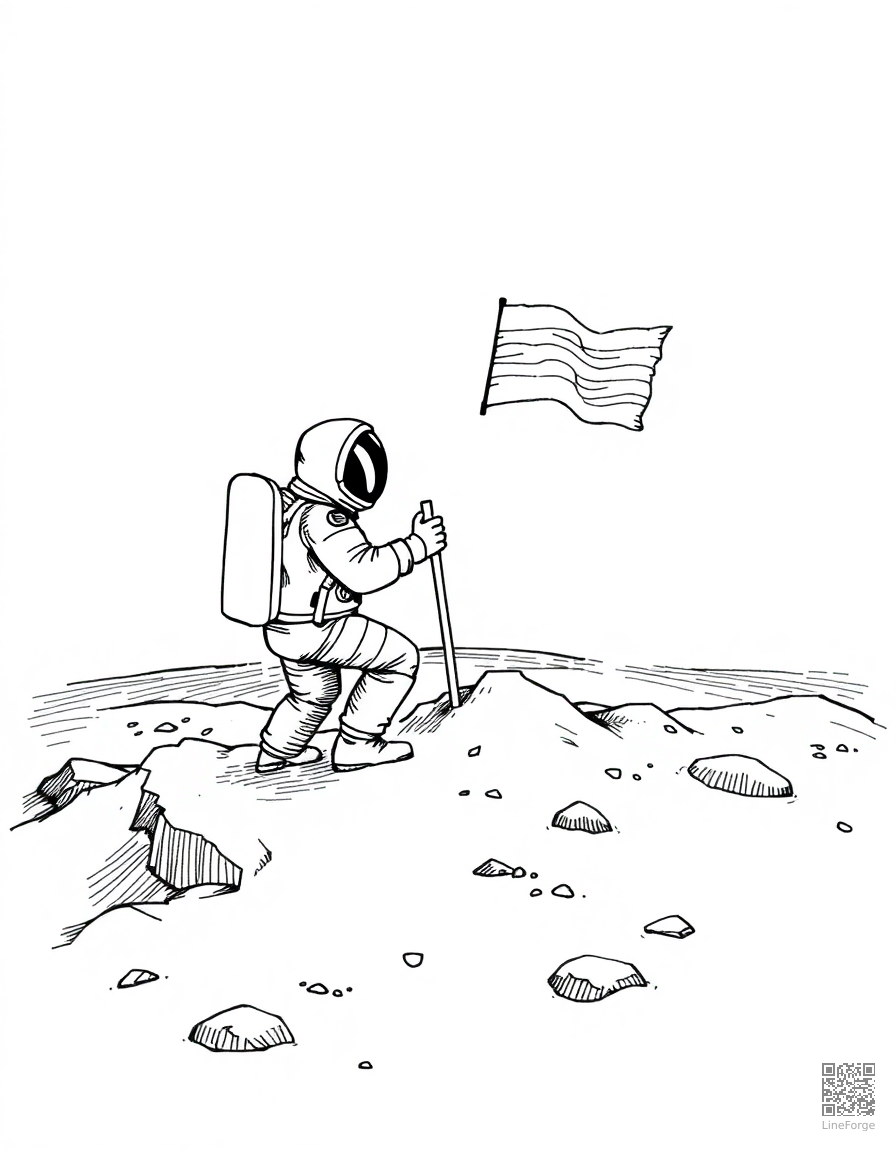 Astronaut planting a flag on the moon coloring page Crosshatch style - free printable