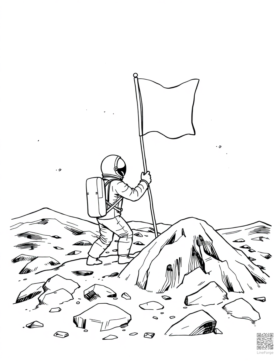 Astronaut planting a flag on the moon coloring page Manga style - free printable