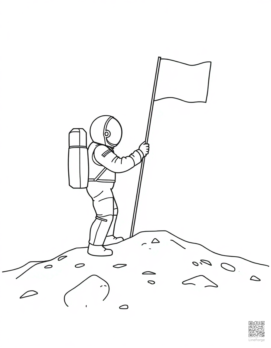 Astronaut planting a flag on the moon coloring page Minimal style - free printable
