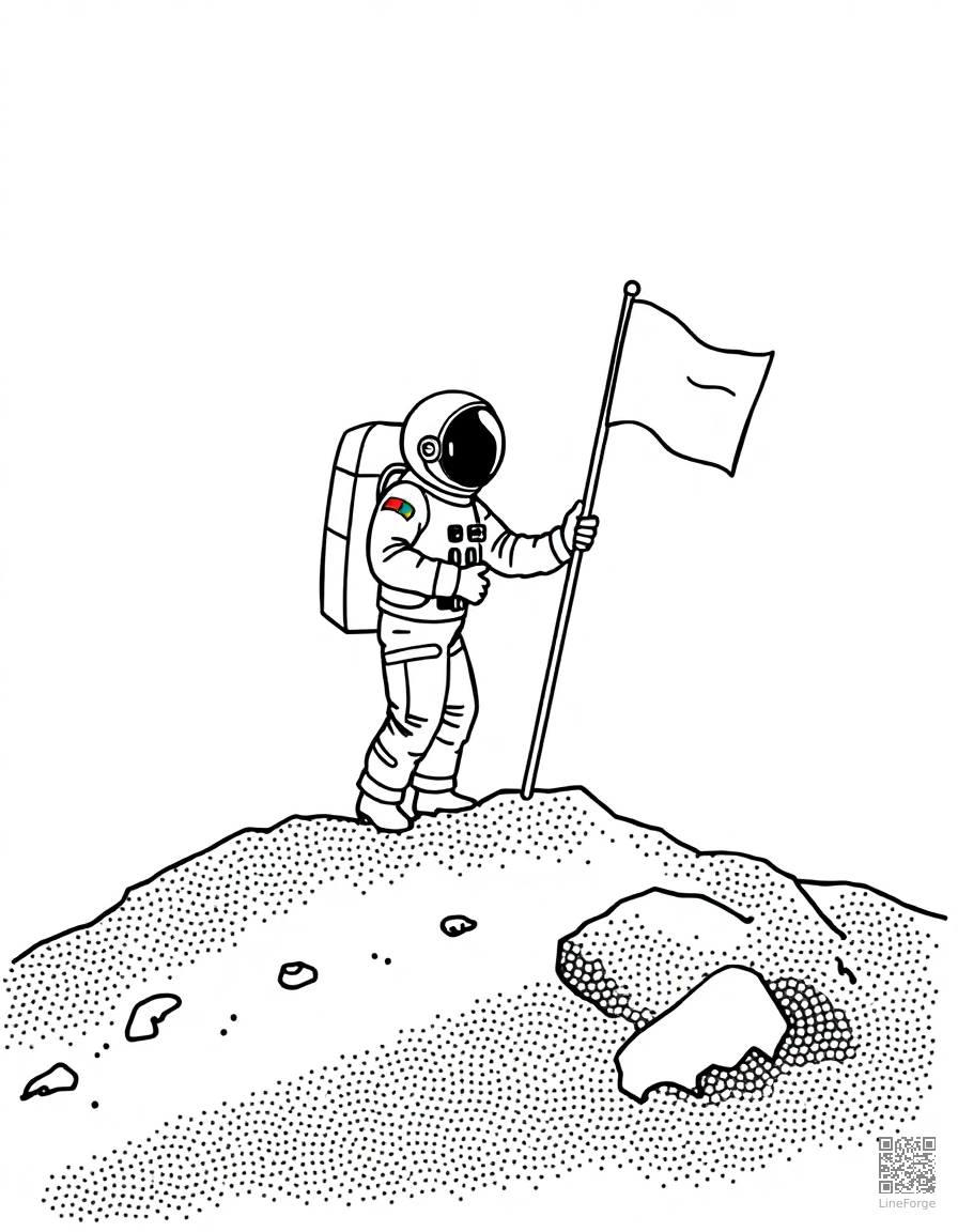 Astronaut planting a flag on the moon coloring page Stipple style - free printable
