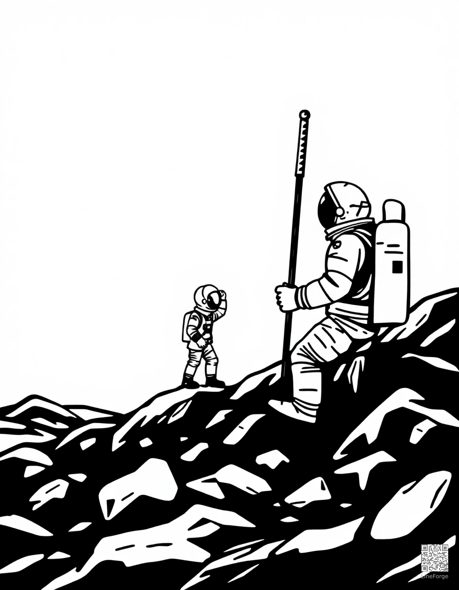 Astronaut planting a flag on the moon coloring page Woodcut style - free printable