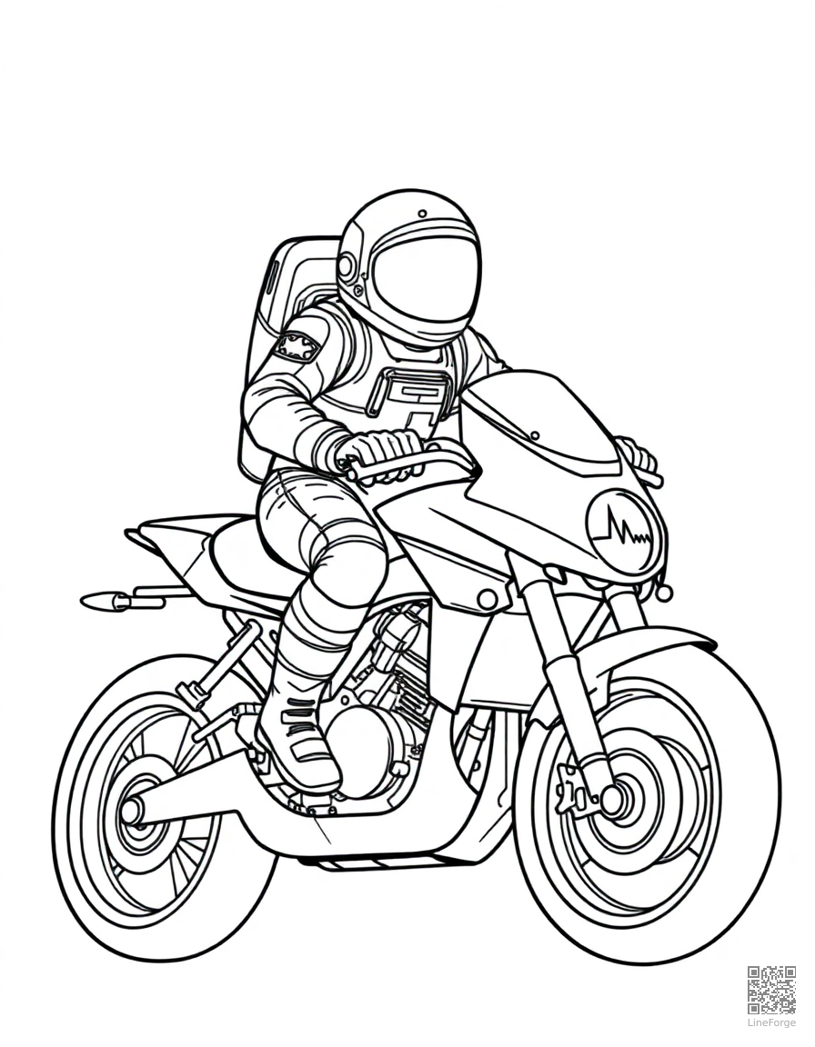 astronaut riding a space motorcycle coloring page Contour style - free printable