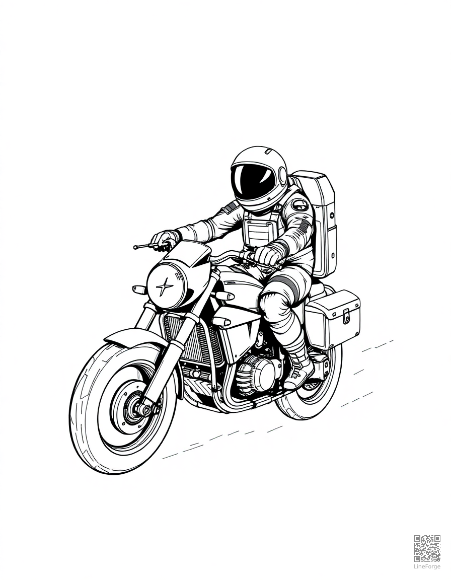 astronaut riding a space motorcycle coloring page Crosshatch style - free printable