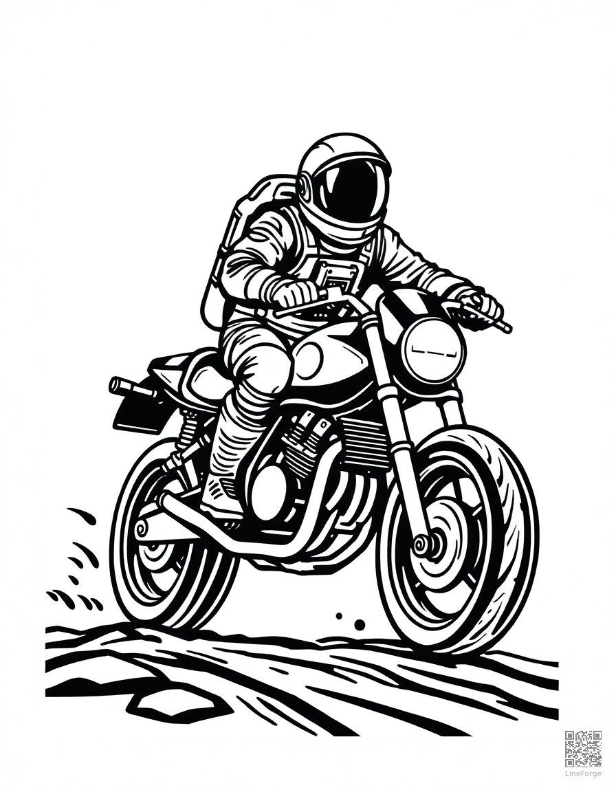astronaut riding a space motorcycle coloring page Woodcut style - free printable