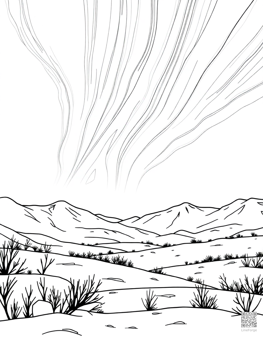 aurora borealis over a snowy landscape coloring page Contour style free printable