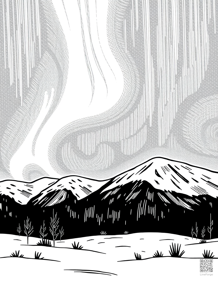 aurora borealis over a snowy landscape coloring page Crosshatch style - free printable