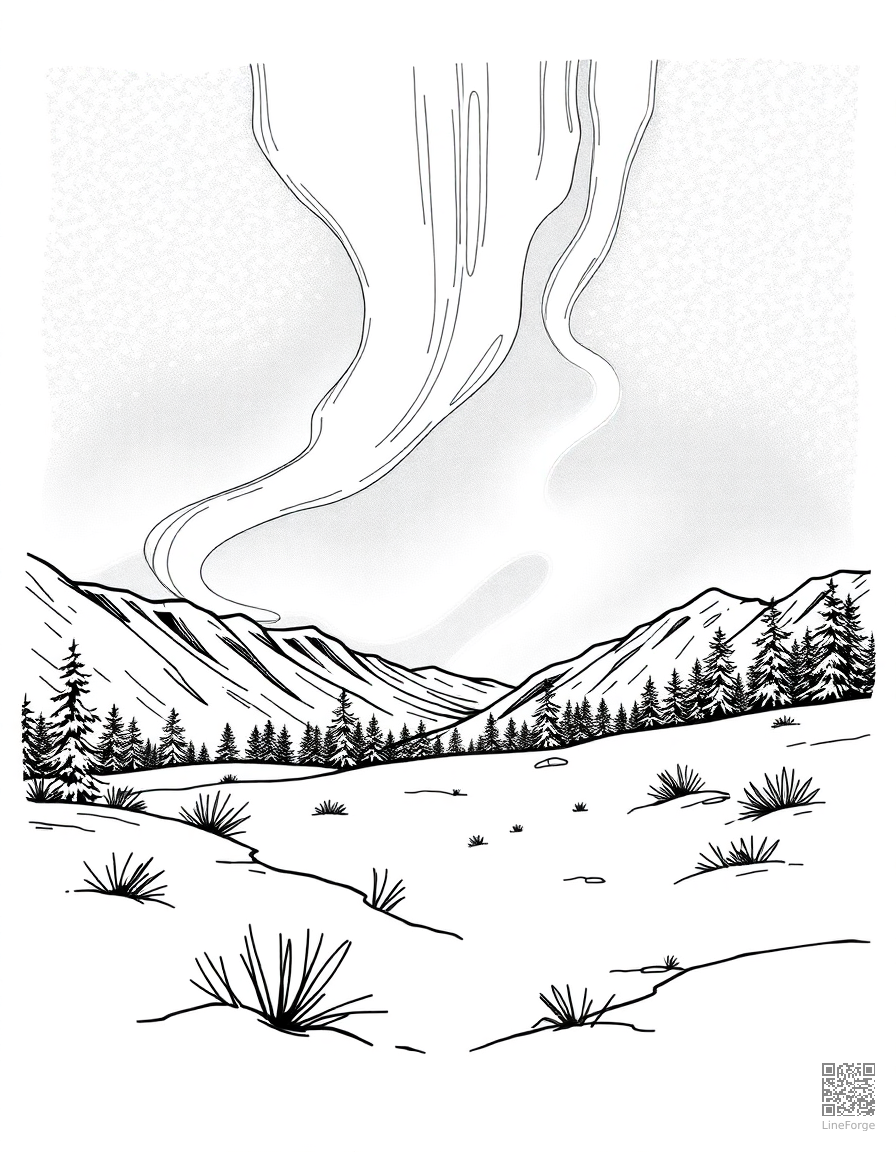 aurora borealis over a snowy landscape coloring page Manga style - free printable