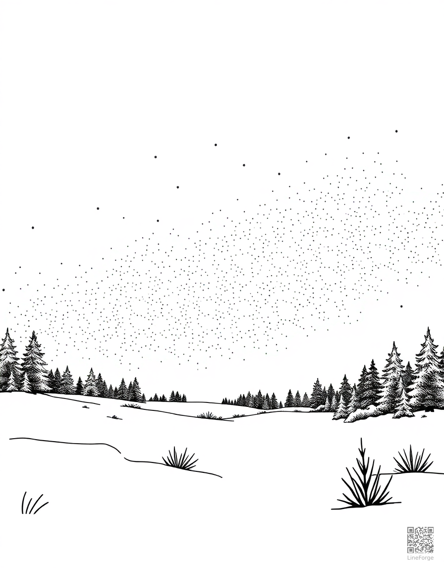 aurora borealis over a snowy landscape coloring page Stipple style - free printable