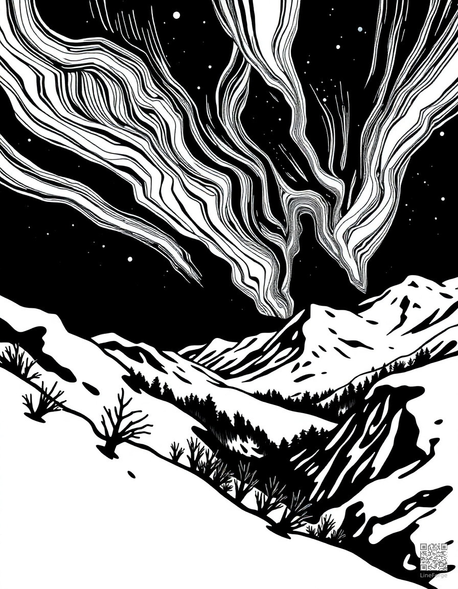 aurora borealis over a snowy landscape coloring page Woodcut style - free printable