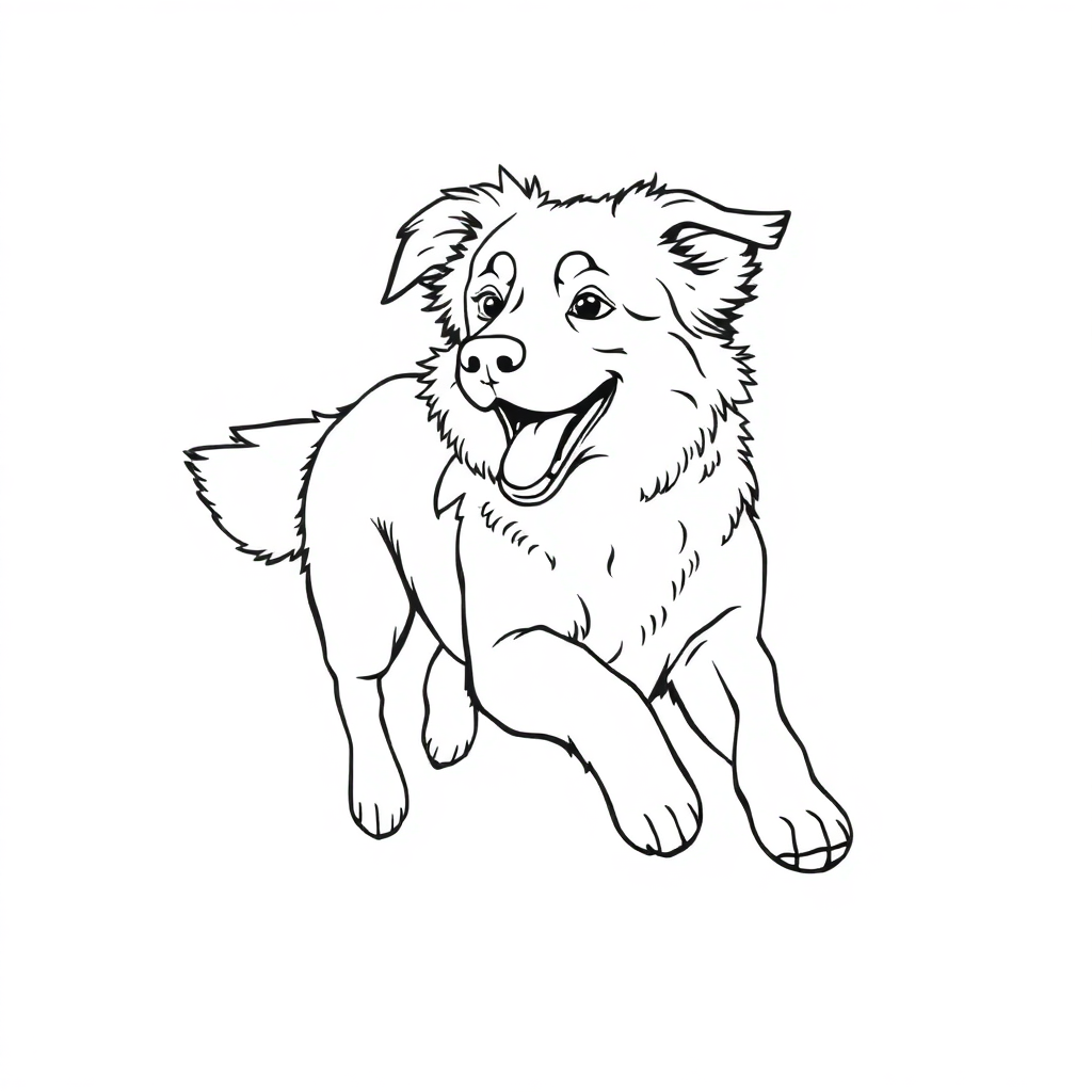 Australian Shepherd dog — playing and running, energetic and joyful coloring page Contour style - free printable