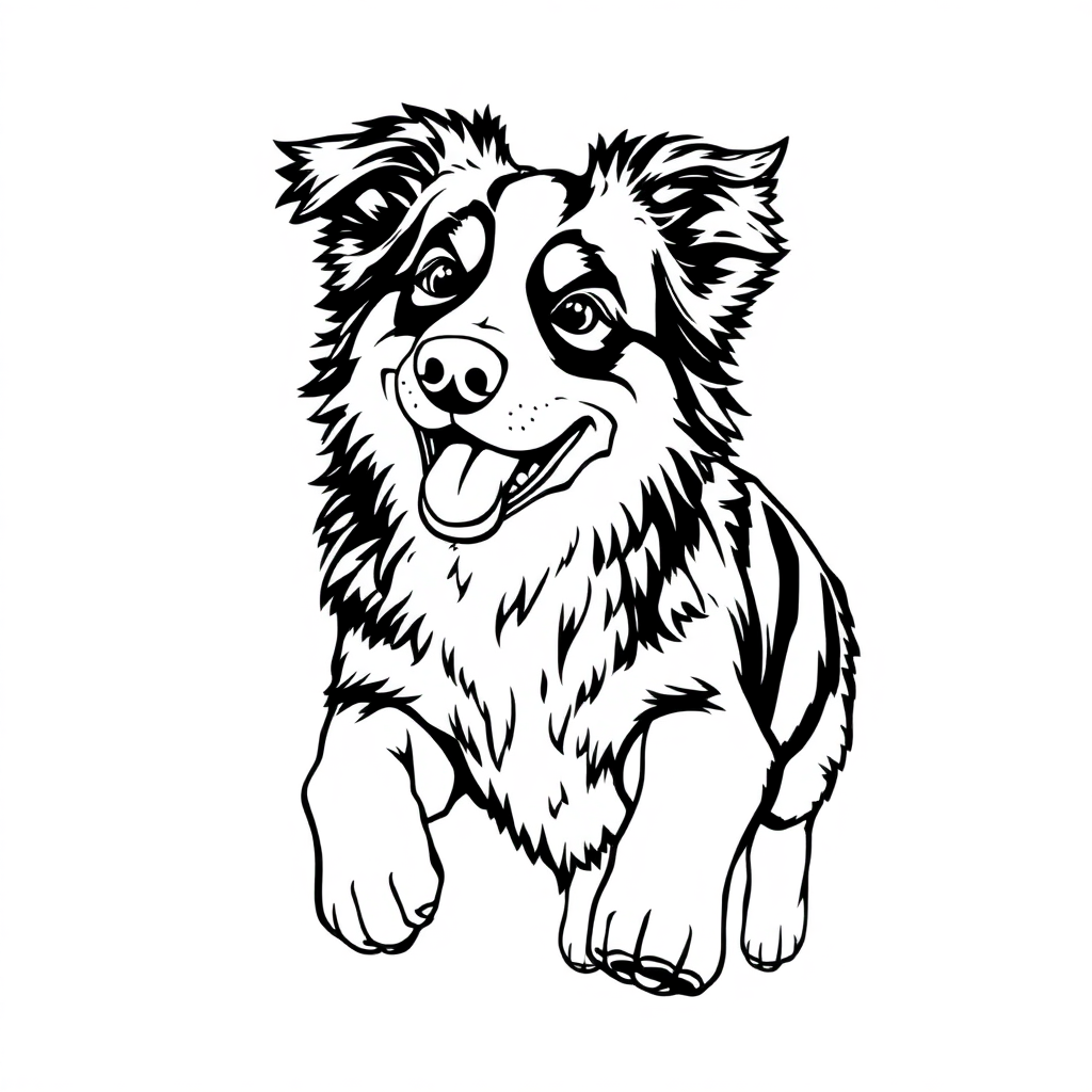 Australian Shepherd dog — playing and running, energetic and joyful coloring page Manga style free printable