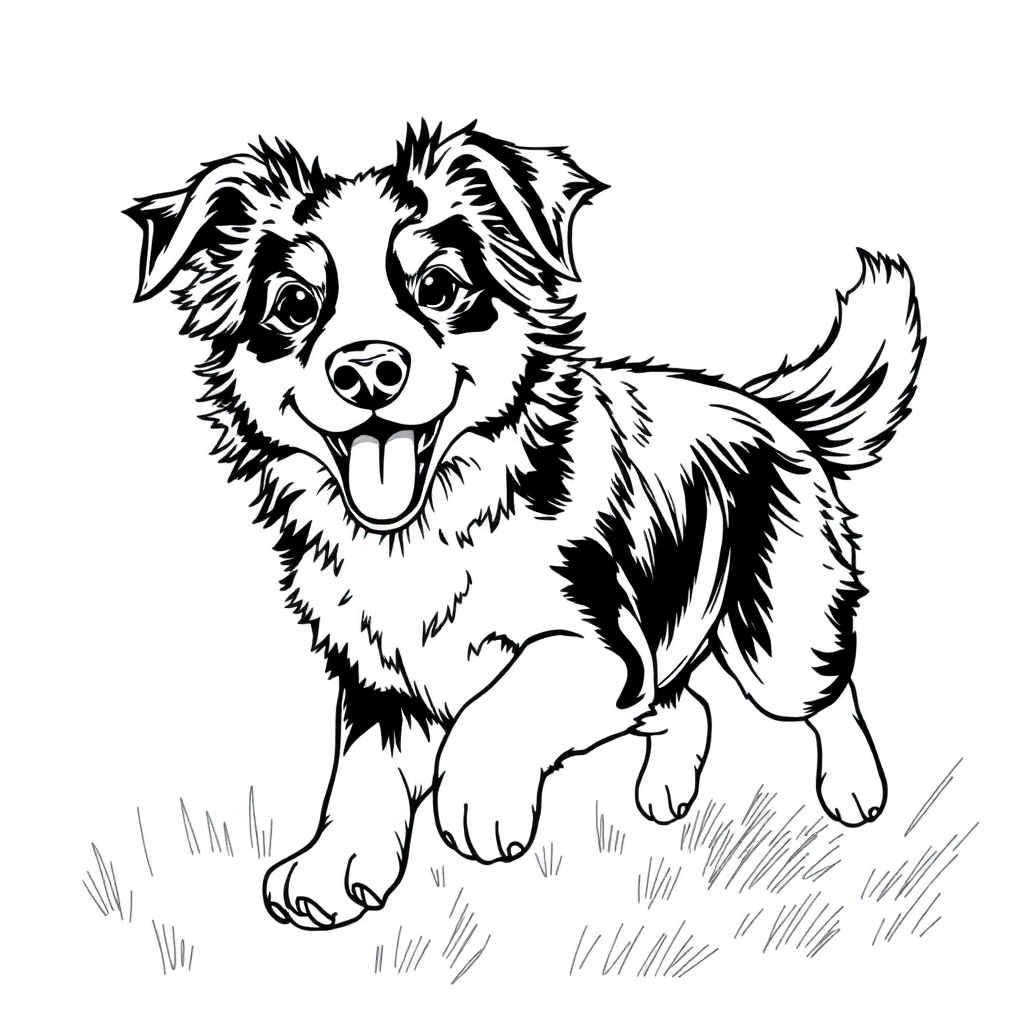 Australian Shepherd dog — playing and running, energetic and joyful coloring page Rockwell style free printable