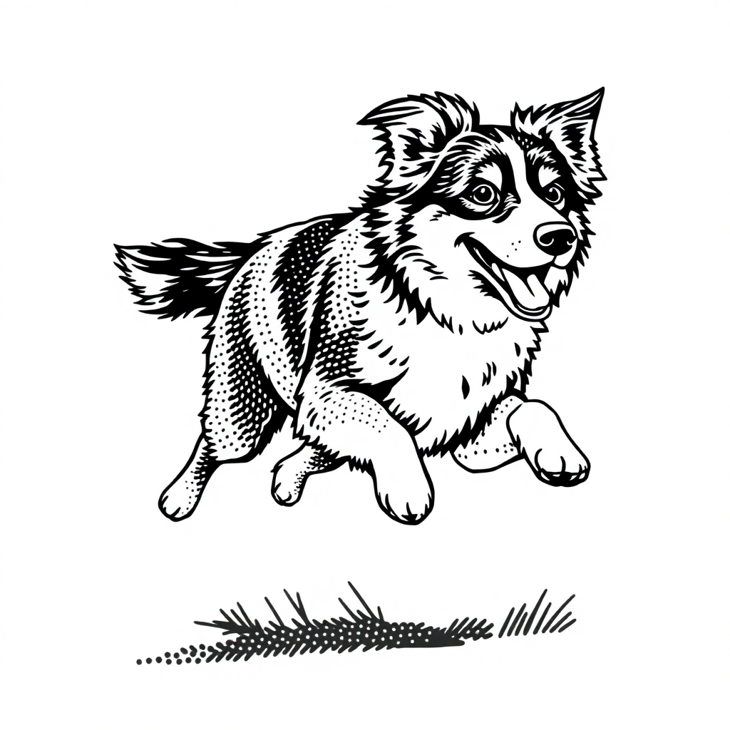 Australian Shepherd dog — playing and running, energetic and joyful coloring page Stipple style - free printable
