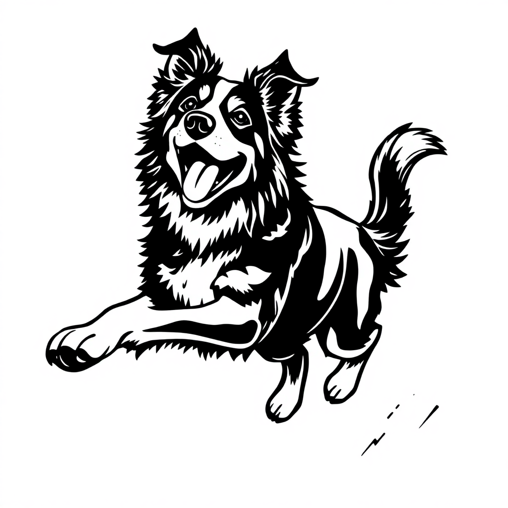 Australian Shepherd dog — playing and running, energetic and joyful coloring page Woodcut style - free printable