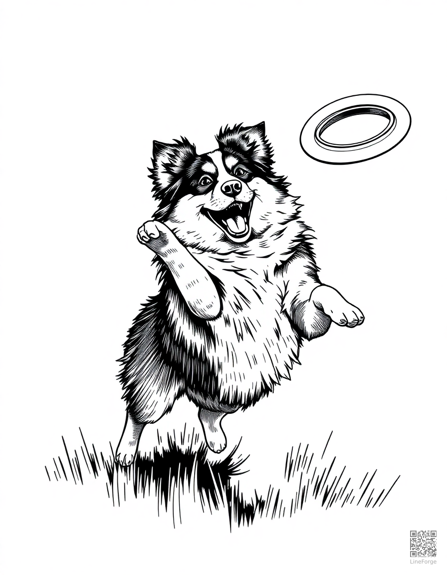 australian shepherd catching a frisbee coloring page Crosshatch style - free printable