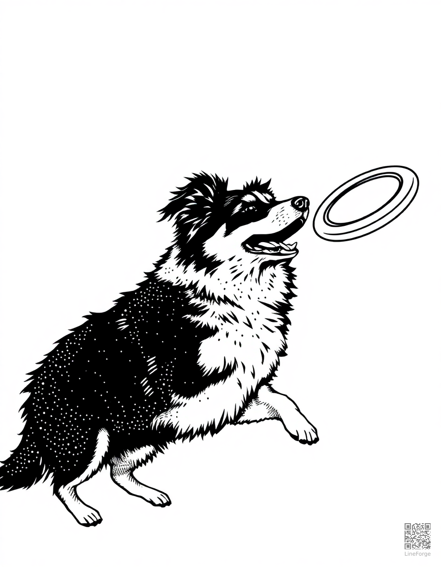 australian shepherd catching a frisbee coloring page Stipple style - free printable