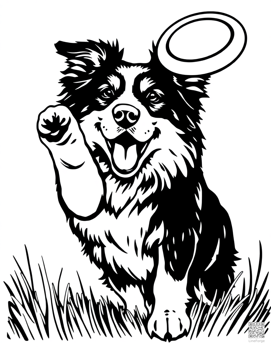 australian shepherd catching a frisbee coloring page Woodcut style - free printable