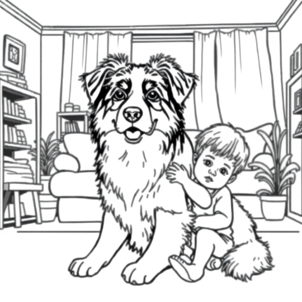 Australian Shepherd dog — with a young child in a cozy home setting coloring page Contour style - free printable