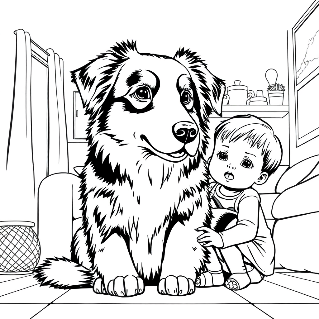 Australian Shepherd dog — with a young child in a cozy home setting coloring page Manga style free printable